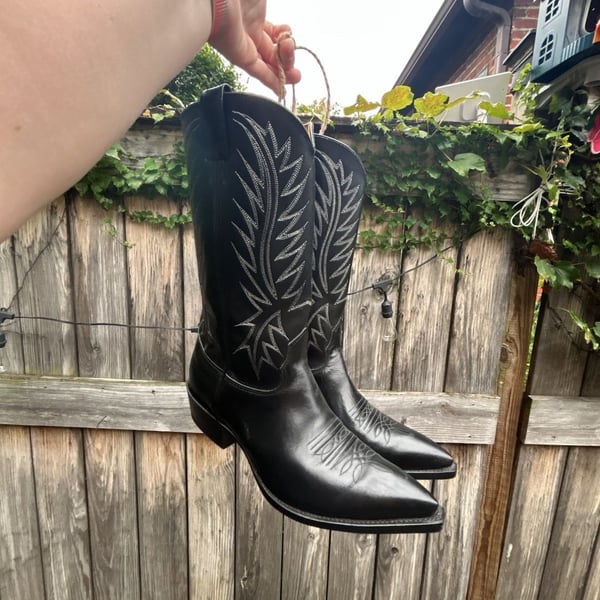 Nocona Black Leather Western Cowboy Boots with White Stitching Mens 10E