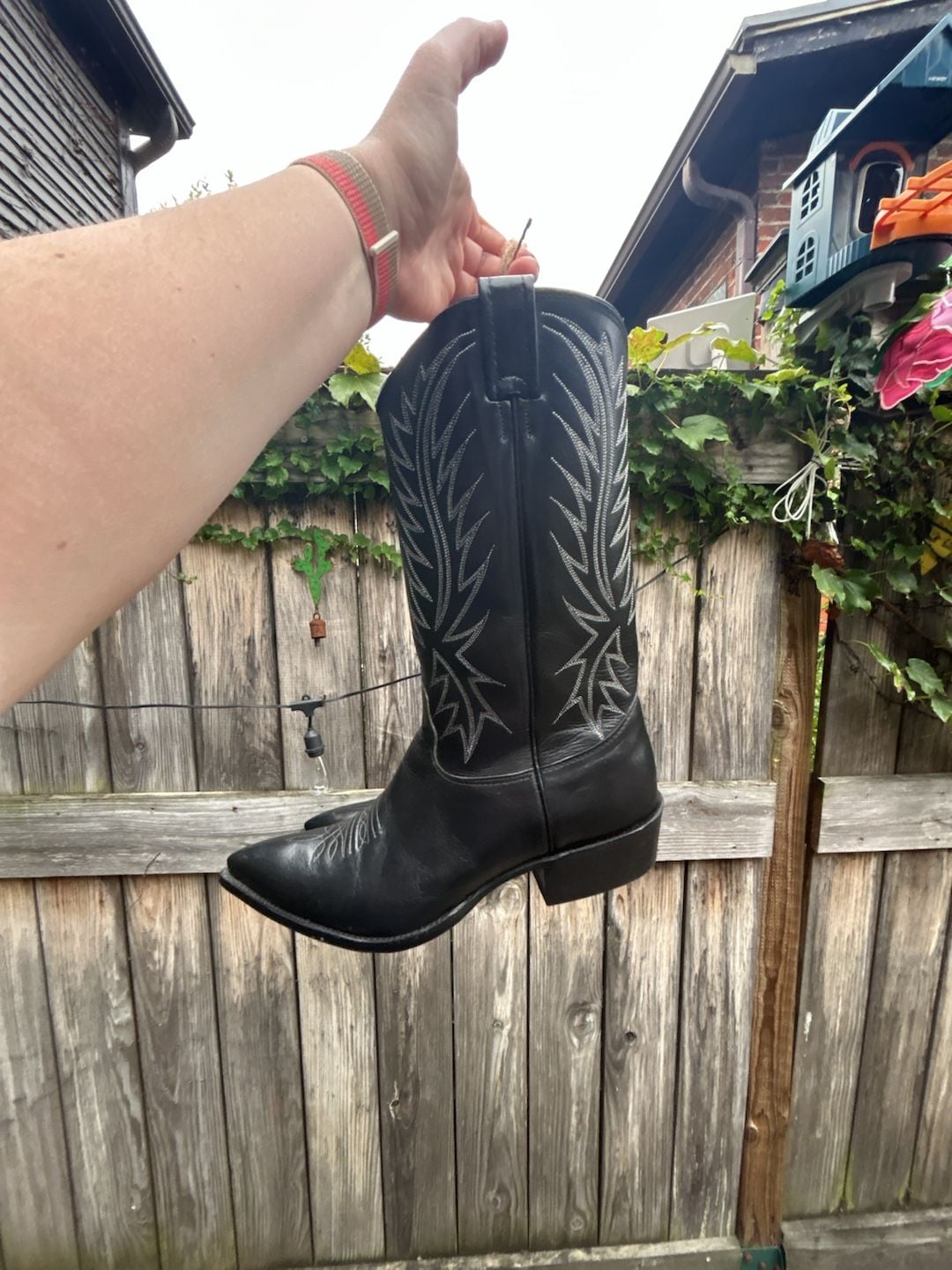 Nocona Black Leather Western Cowboy Boots with White Stitching Mens 10E 6