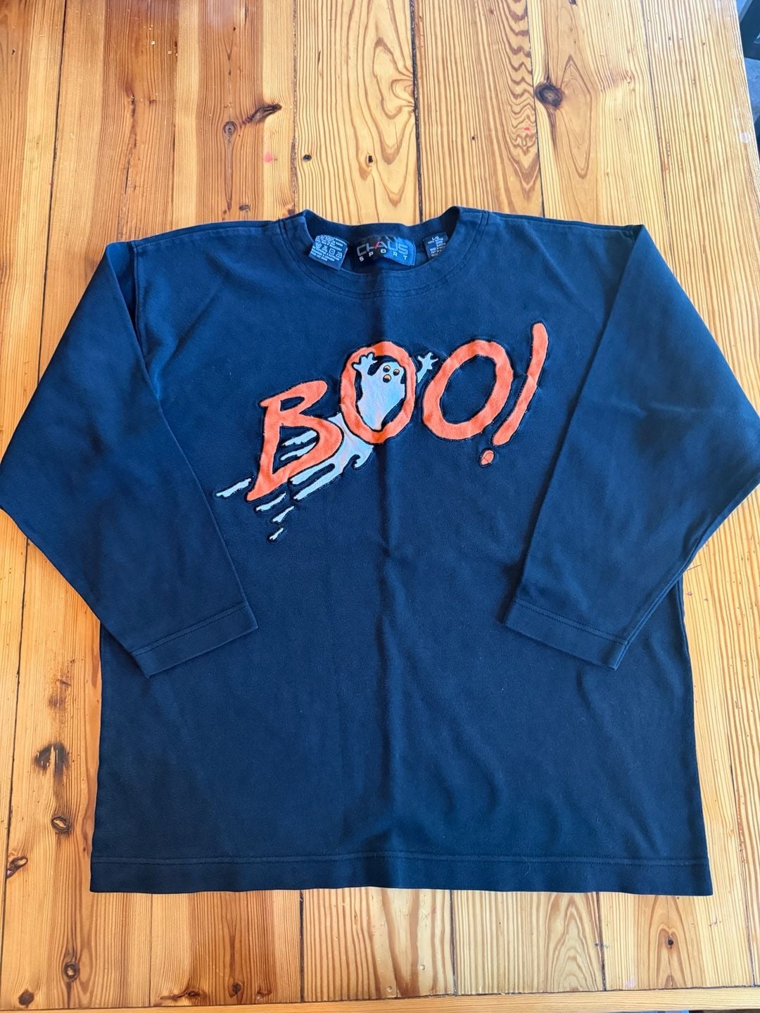 Chaus Sport Halloween Boo Ghost Embroidered Shirt Size L Black 2