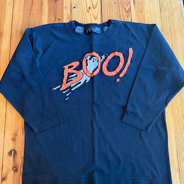 Chaus Sport Halloween Boo Ghost Embroidered Shirt Size L Black