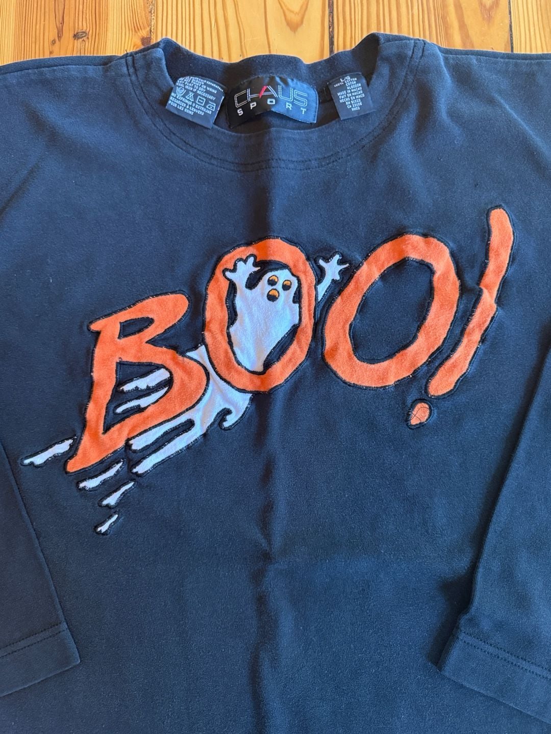 Chaus Sport Halloween Boo Ghost Embroidered Shirt Size L Black 4