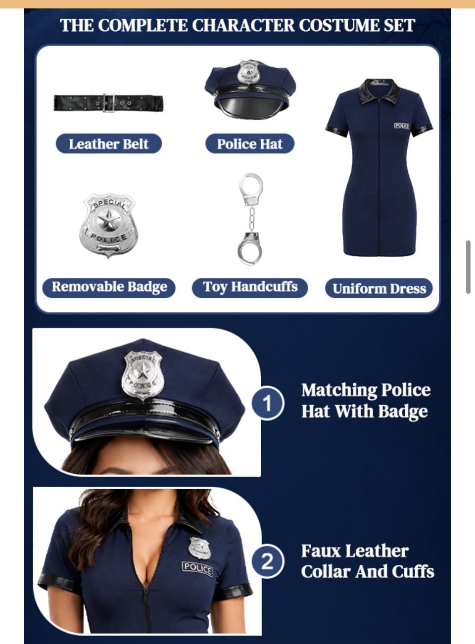 Halloween Police Costume Dark Blue Size Large New 5