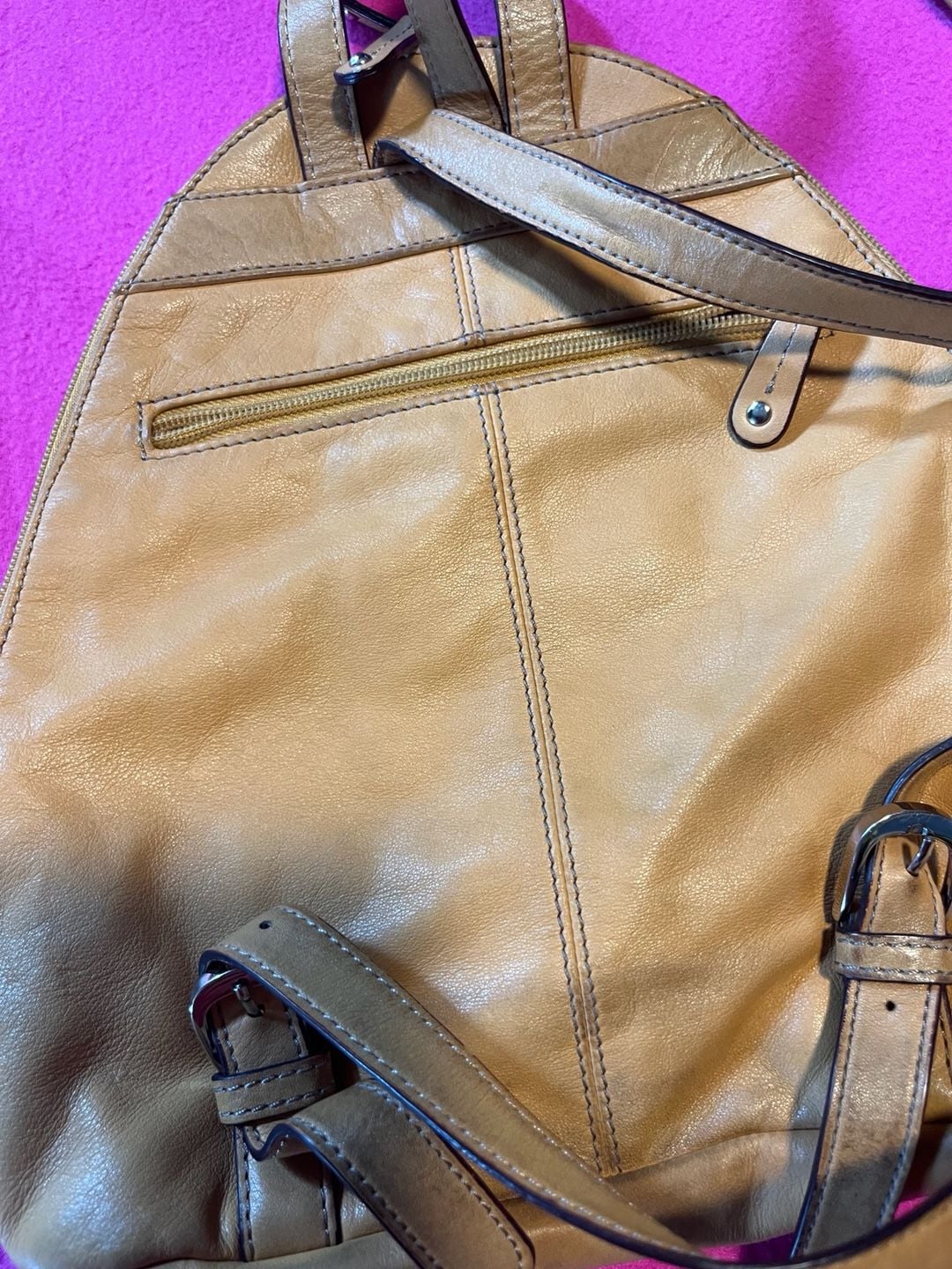 Tignanello Leather Dome Backpack Tan Striped Lining 4