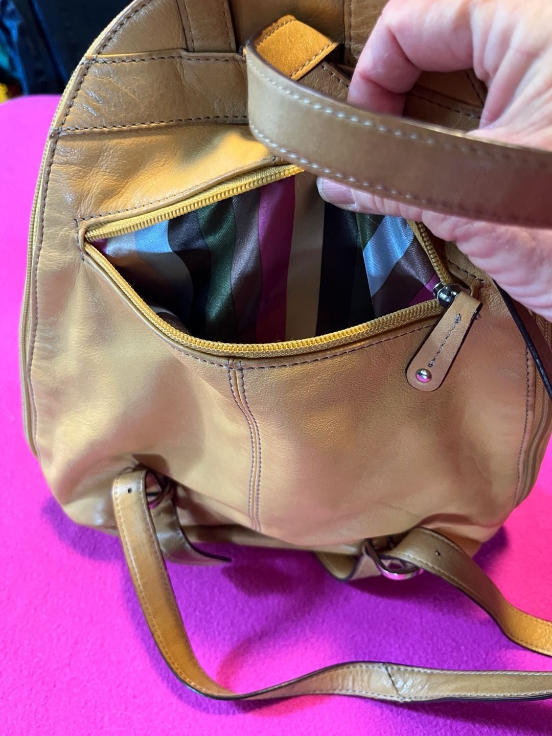 Tignanello Leather Dome Backpack Tan Striped Lining 5