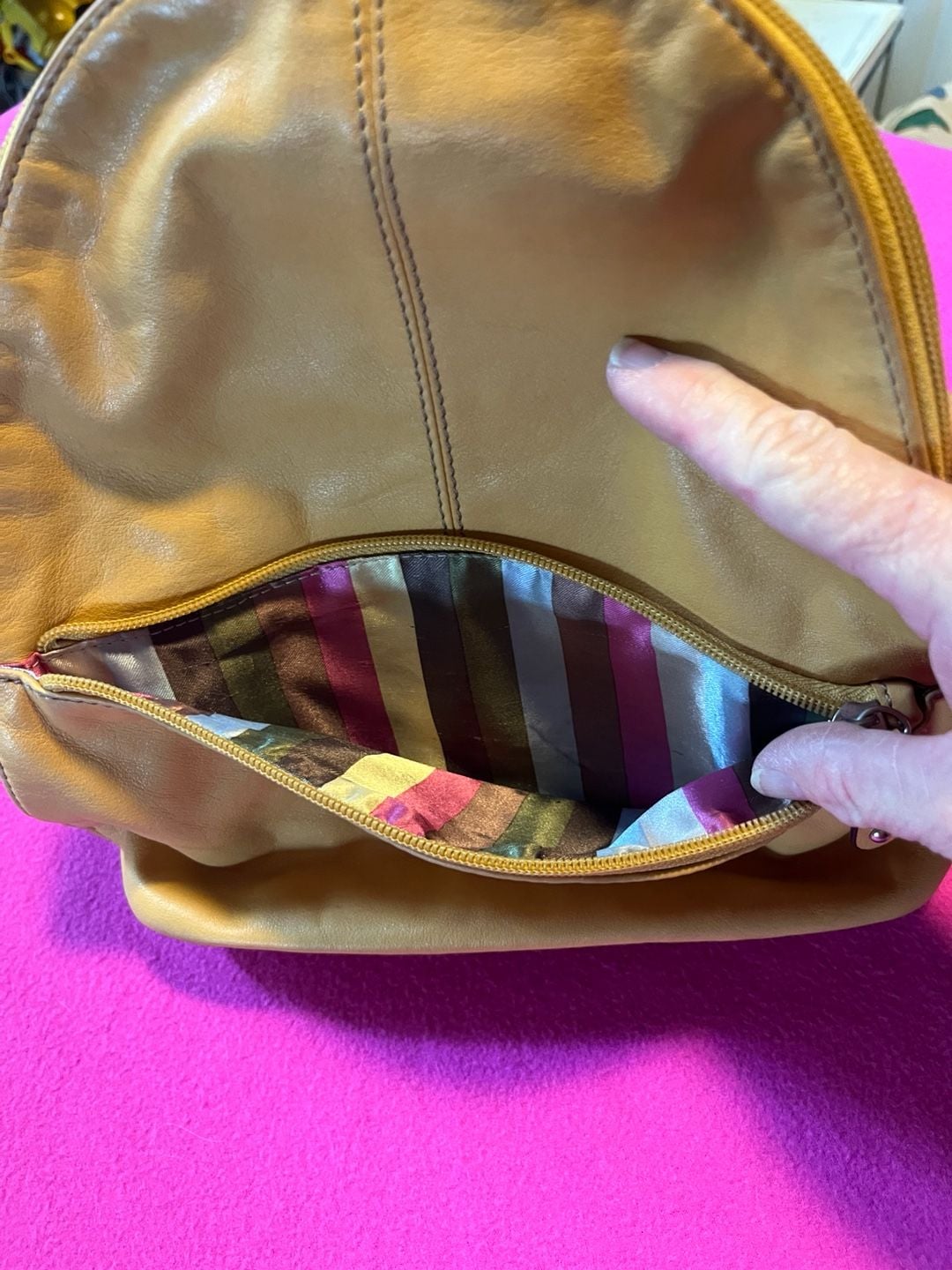 Tignanello Leather Dome Backpack Tan Striped Lining 6