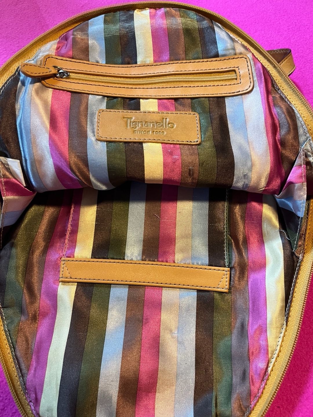 Tignanello Leather Dome Backpack Tan Striped Lining 7