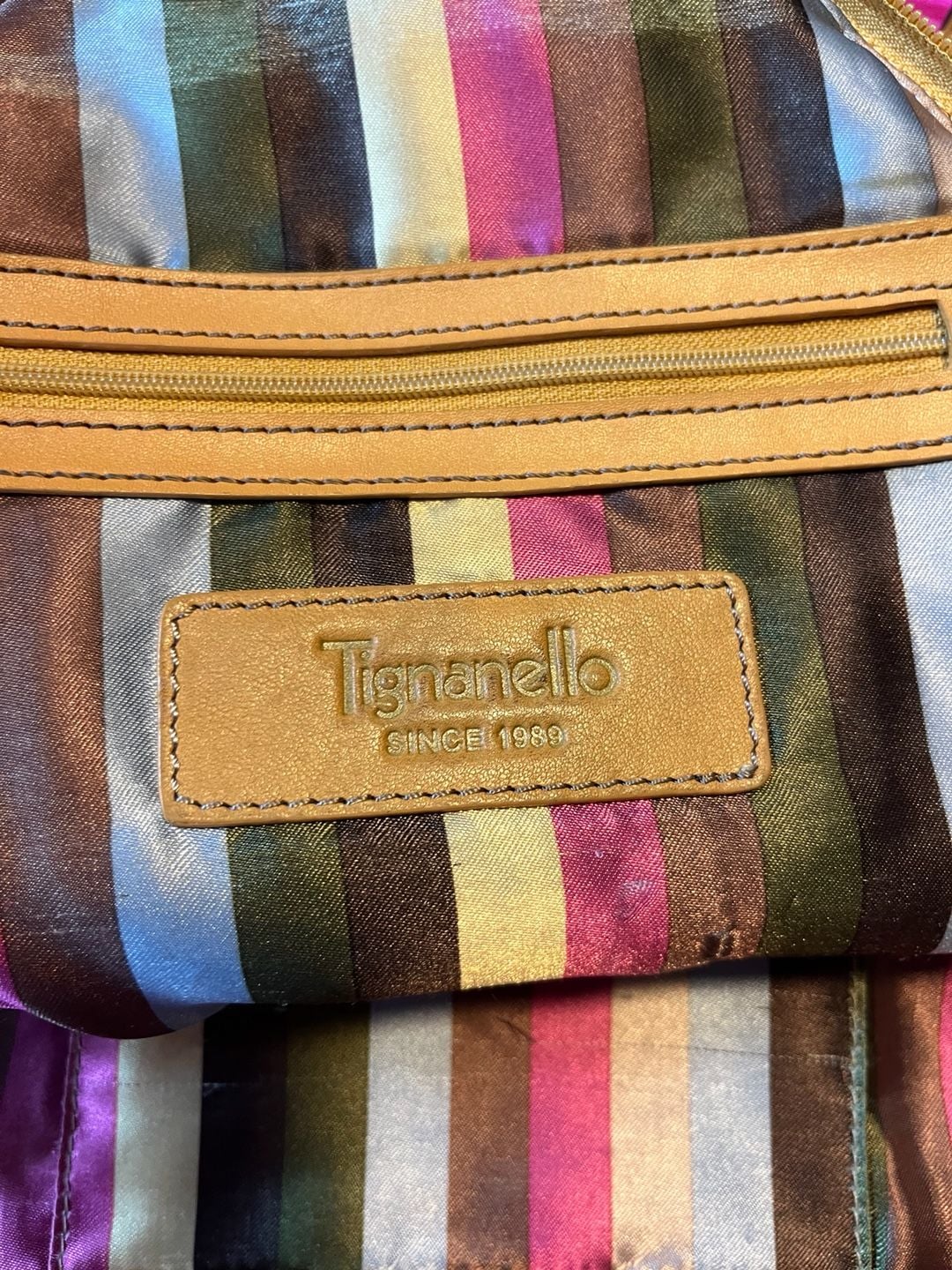 Tignanello Leather Dome Backpack Tan Striped Lining 8