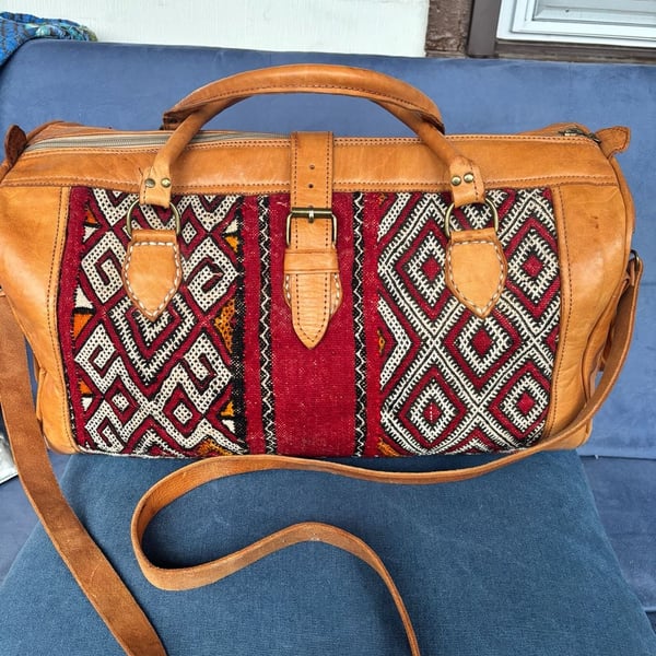 Handmade Moroccan Kilim Leather Duffle Travel Weekender Bag