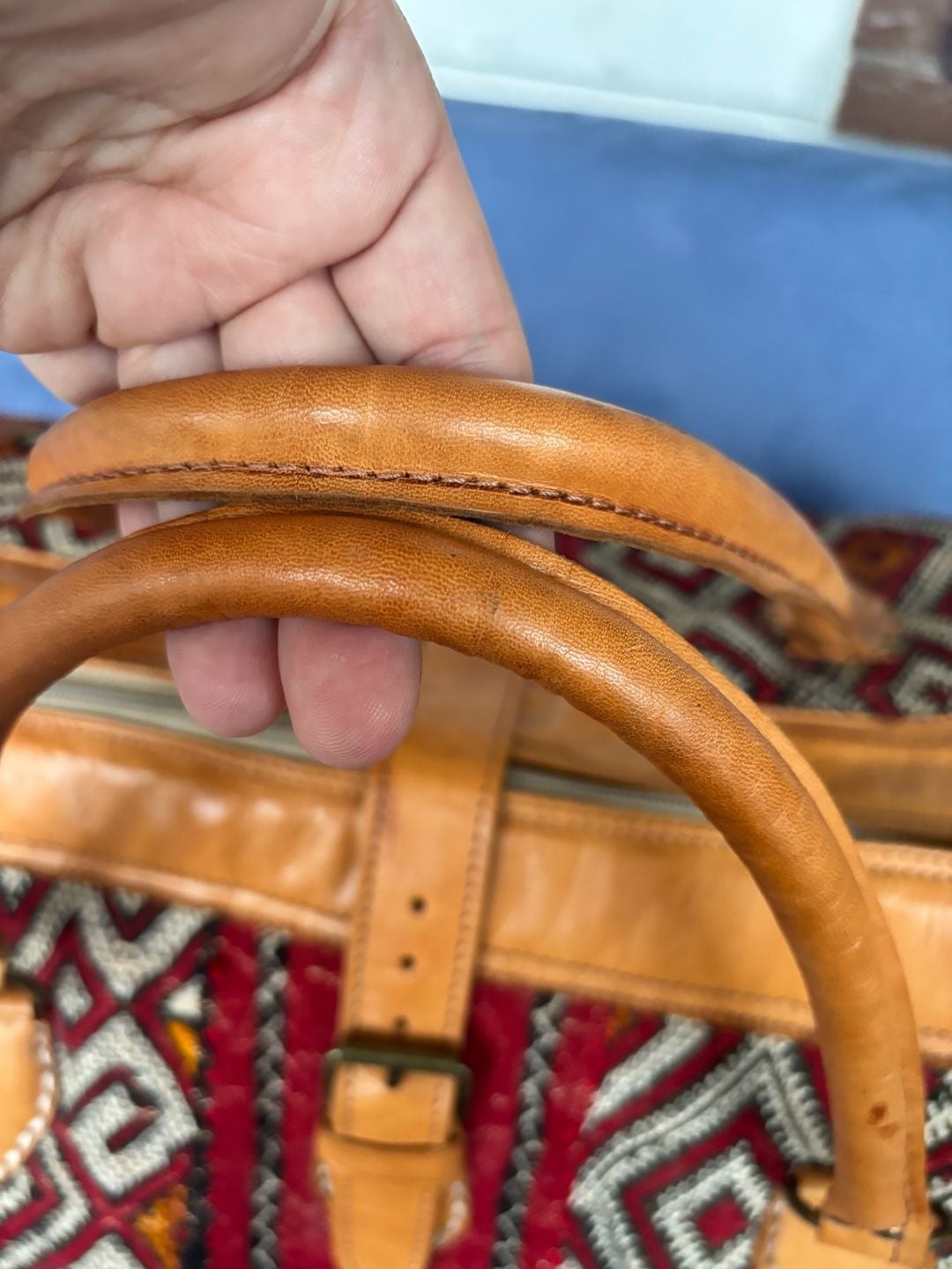 Handmade Moroccan Kilim Leather Duffle Travel Weekender Bag 8