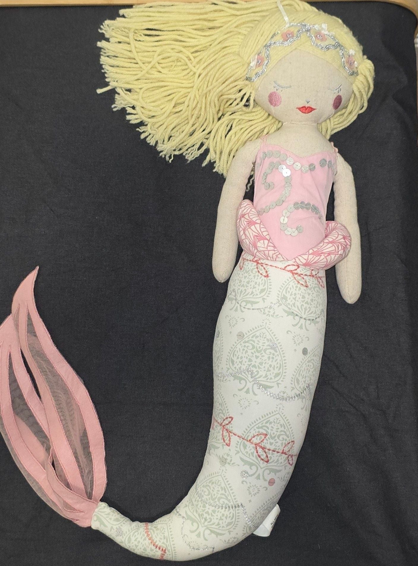 Pottery Barn Kids Mermaid Doll Size 27" Pink Hair Yarn Tail 1