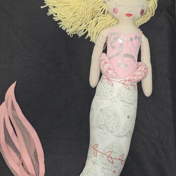 Pottery Barn Kids Mermaid Doll Size 27" Pink Hair Yarn Tail