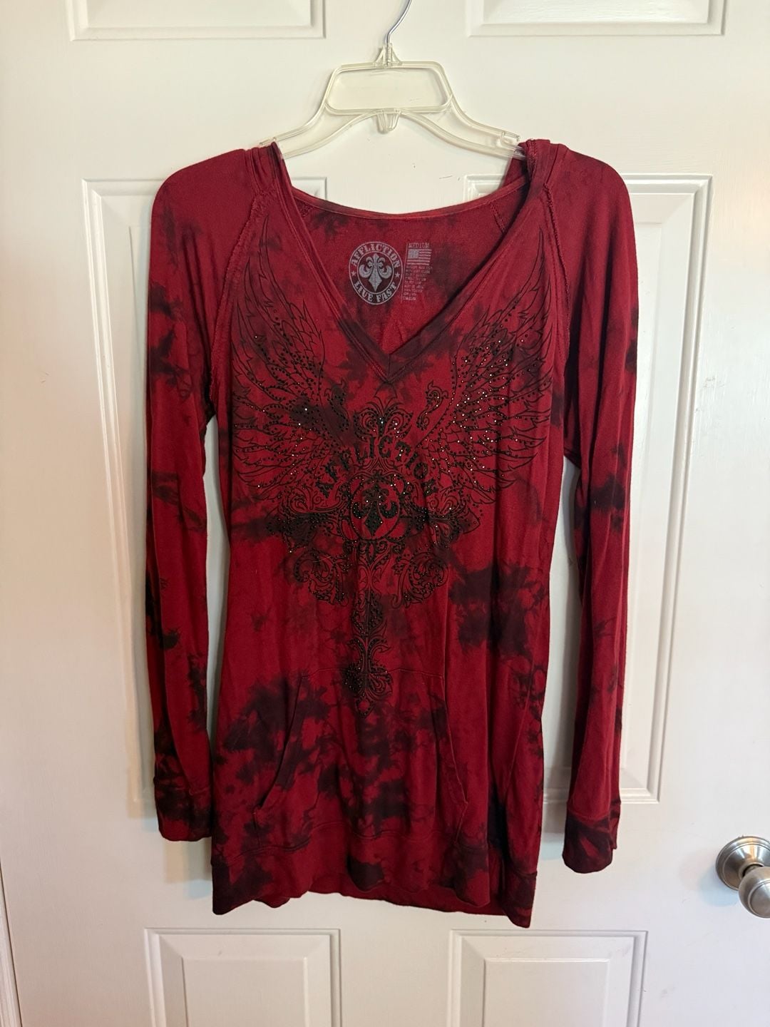 Affliction Live Fast Hoodie Size Medium Red Black Tie Dye Rhinestone 2