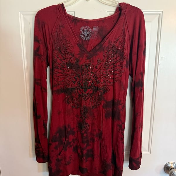 Affliction Live Fast Hoodie Size Medium Red Black Tie Dye Rhinestone