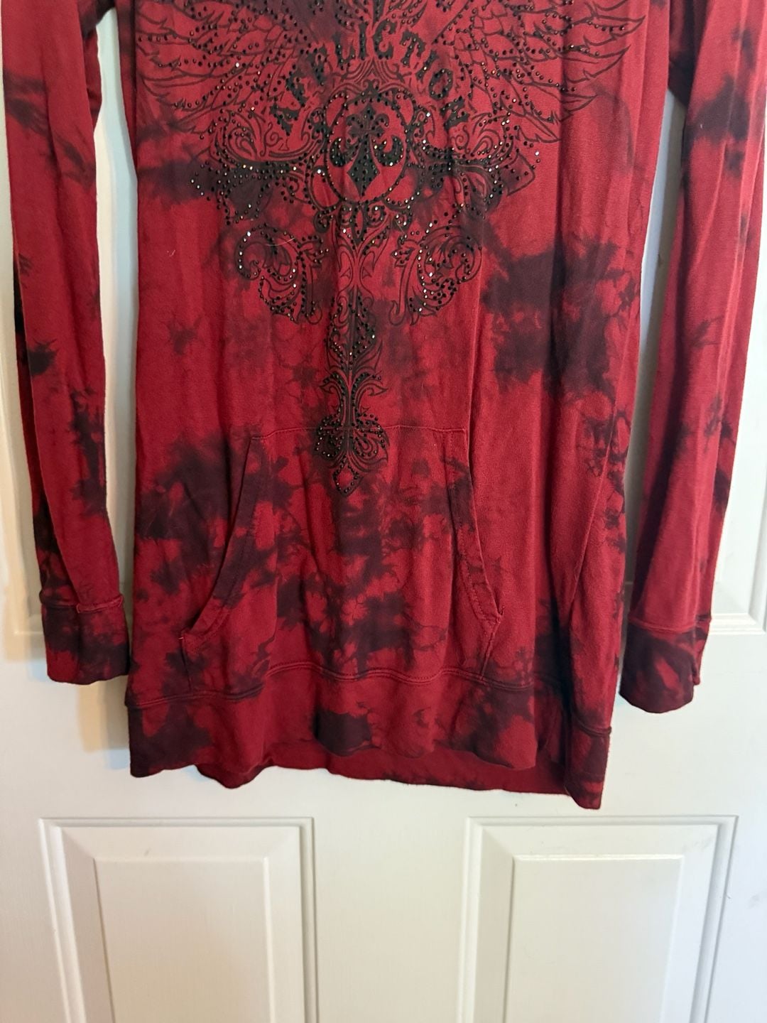 Affliction Live Fast Hoodie Size Medium Red Black Tie Dye Rhinestone 3
