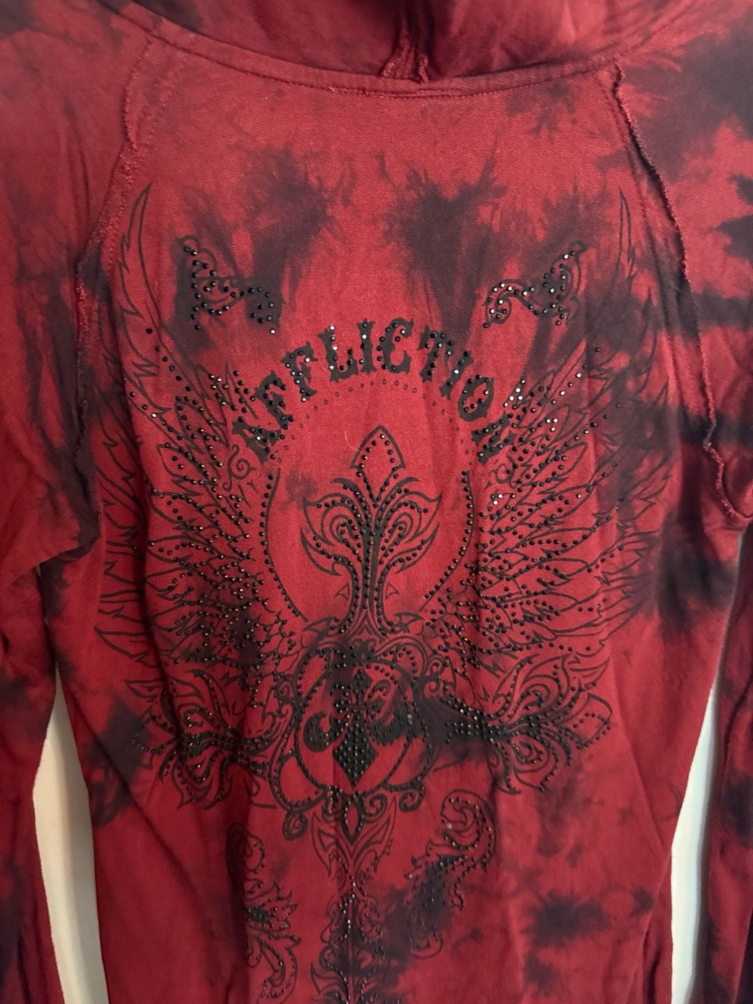 Affliction Live Fast Hoodie Size Medium Red Black Tie Dye Rhinestone 6
