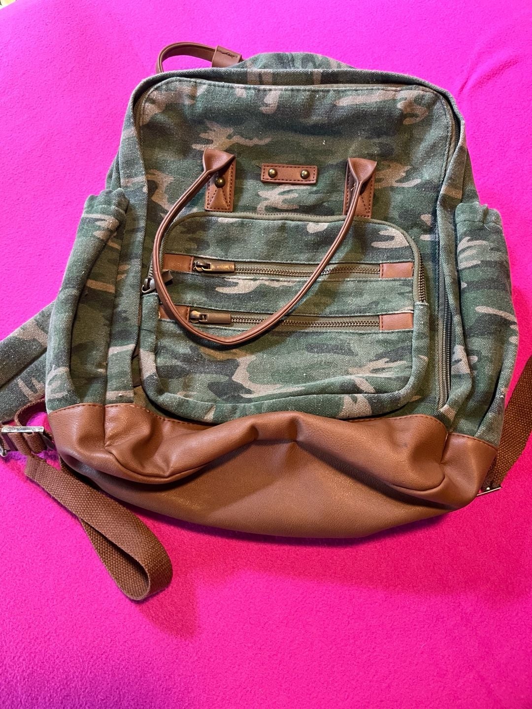 Camouflage Canvas Backpack With Brown Trim 2