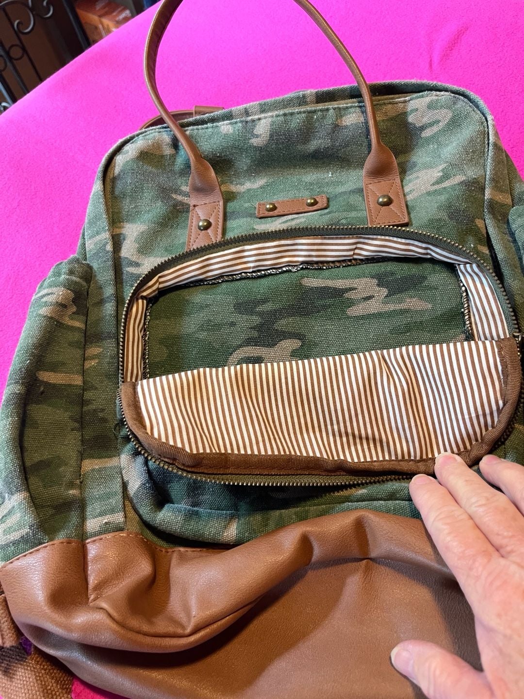 Camouflage Canvas Backpack With Brown Trim 4