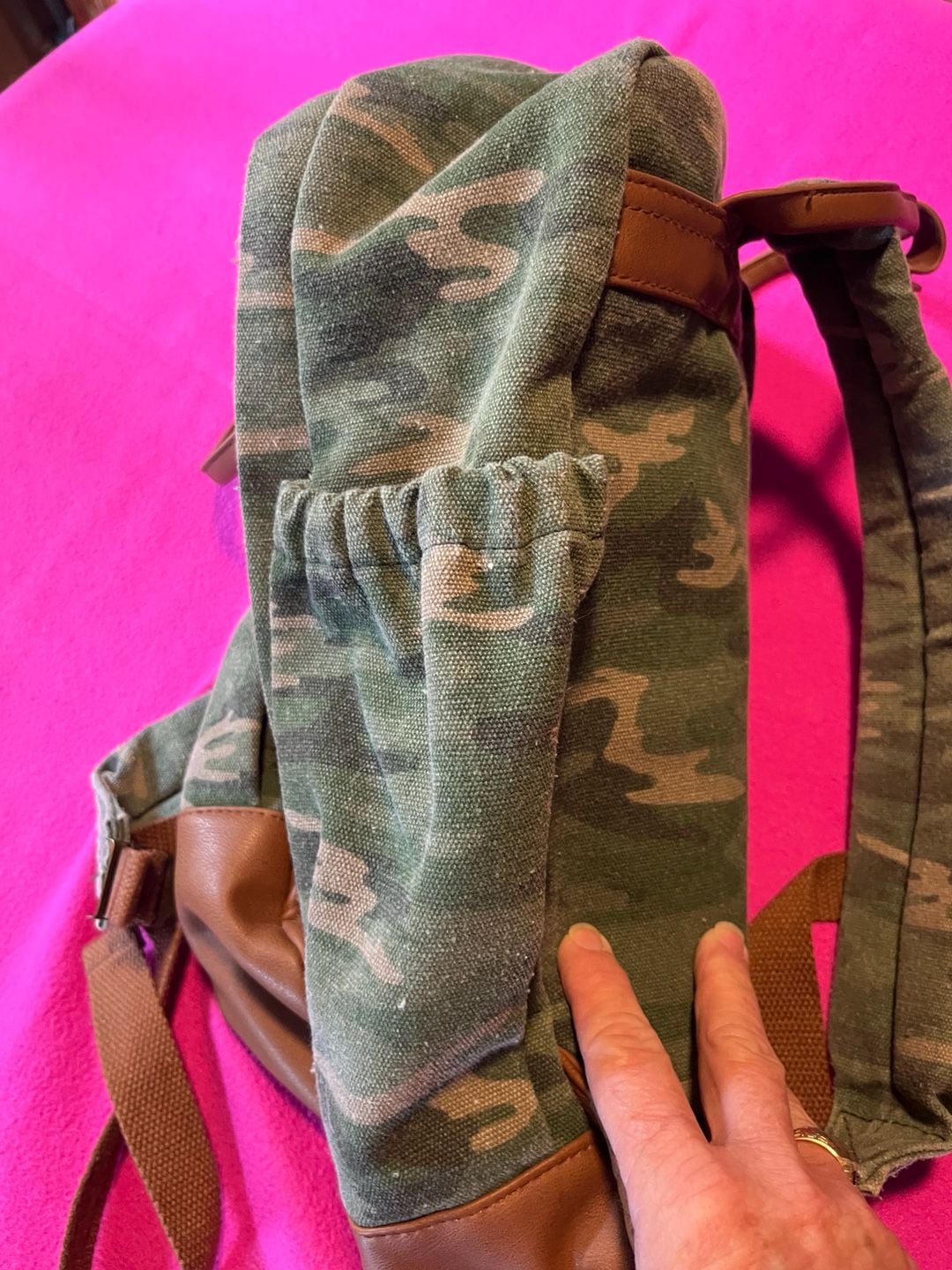 Camouflage Canvas Backpack With Brown Trim 6