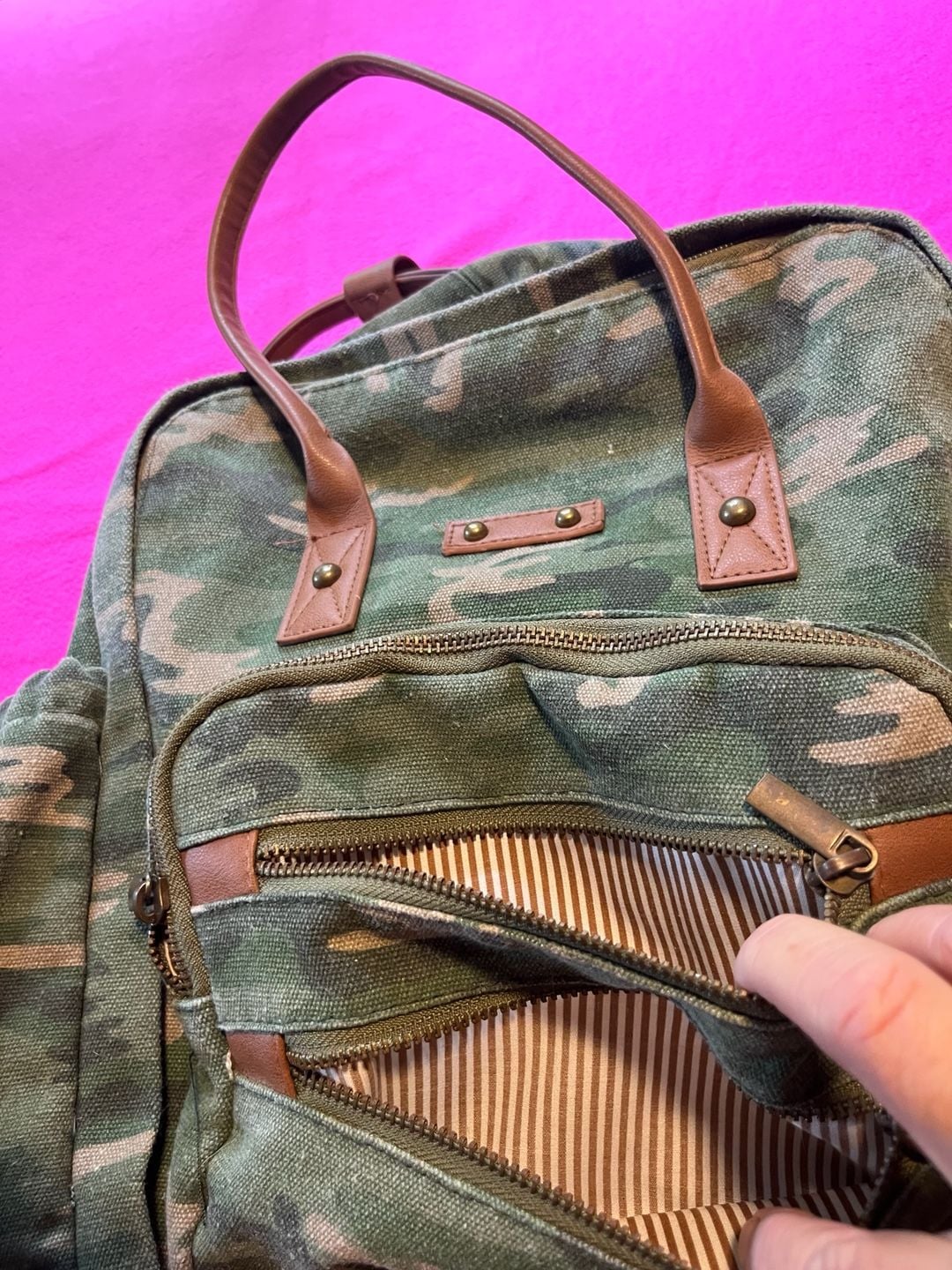 Camouflage Canvas Backpack With Brown Trim 7