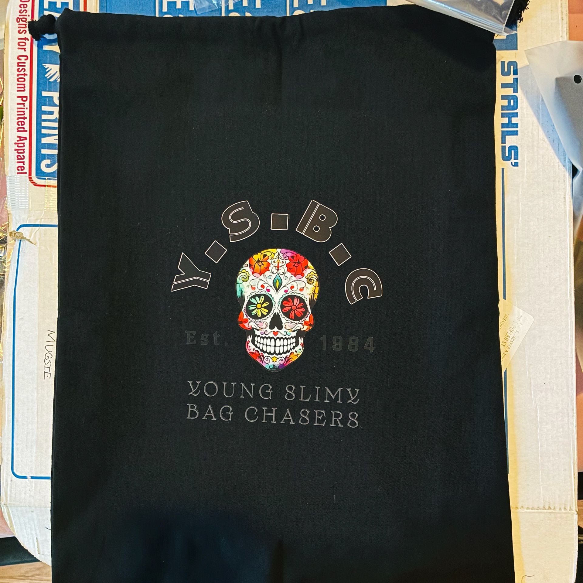 Young Slimy Bag Chasers Black Drawstring Tote Bag Sugar Skull Est. 1984 1