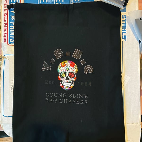 Young Slimy Bag Chasers Black Drawstring Tote Bag Sugar Skull Est. 1984