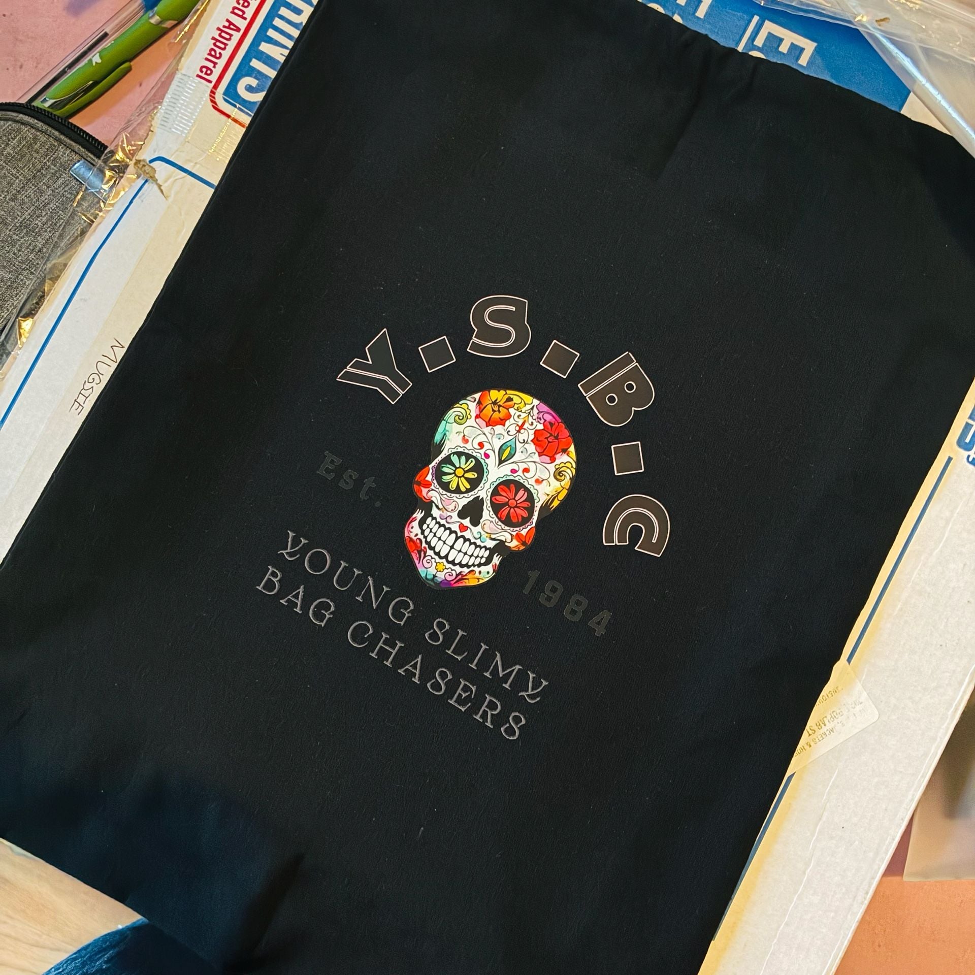 Young Slimy Bag Chasers Black Drawstring Tote Bag Sugar Skull Est. 1984 2
