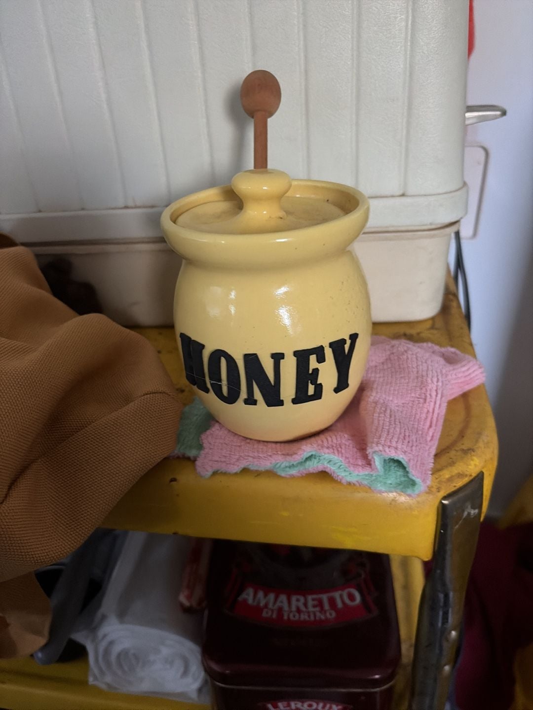 Vintage Glazed Ceramic Honey Pot With Wooden Dipper. 1