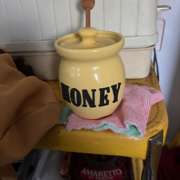 Vintage Glazed Ceramic Honey Pot With Wooden Dipper.