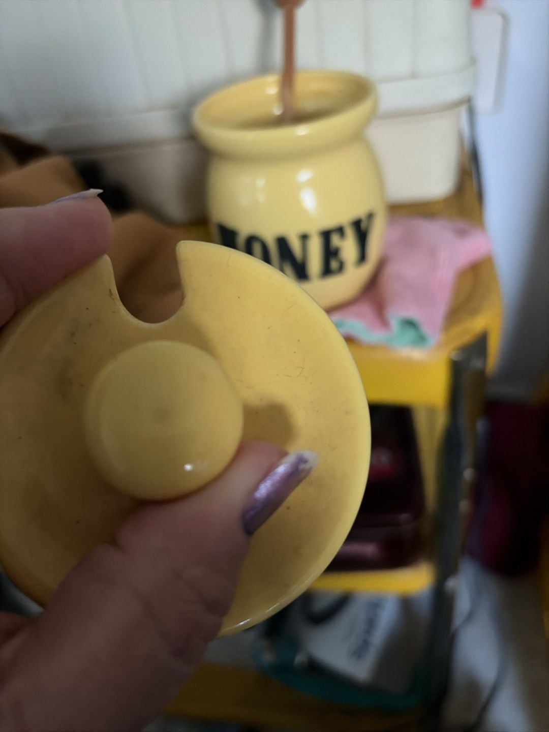 Vintage Glazed Ceramic Honey Pot With Wooden Dipper. 3