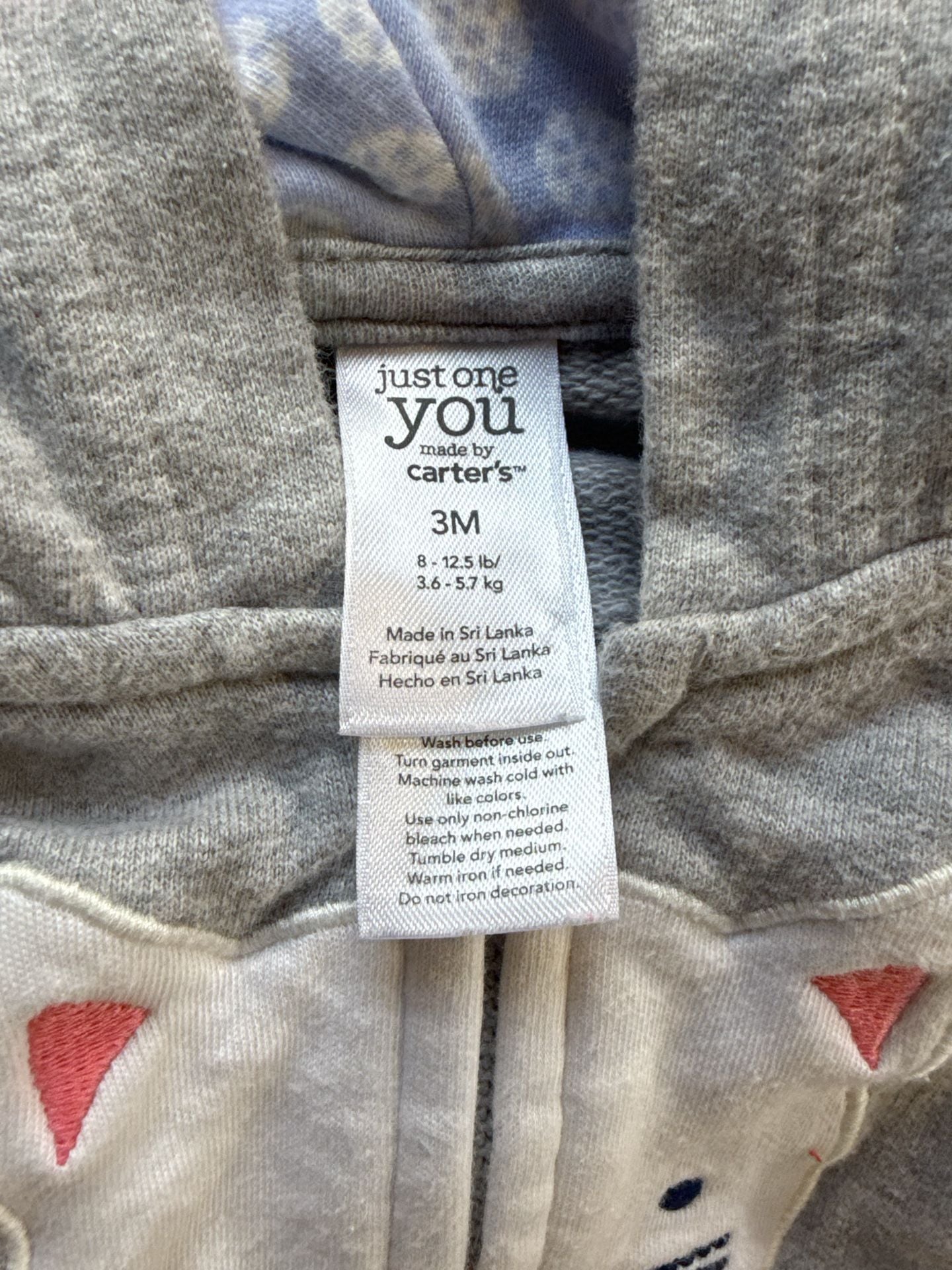 Just One You Made by Carter's Hoodie Size 3M Gray Cat 3