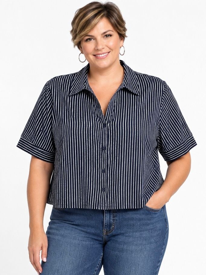 Adrianna Papell Navy Blue White Striped Cropped Button Front Blouse NWT Size XL 2