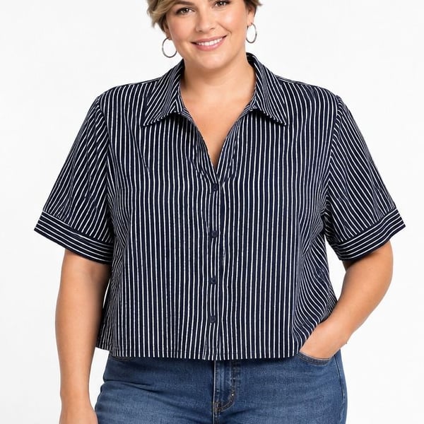 Adrianna Papell Navy Blue White Striped Cropped Button Front Blouse NWT Size XL