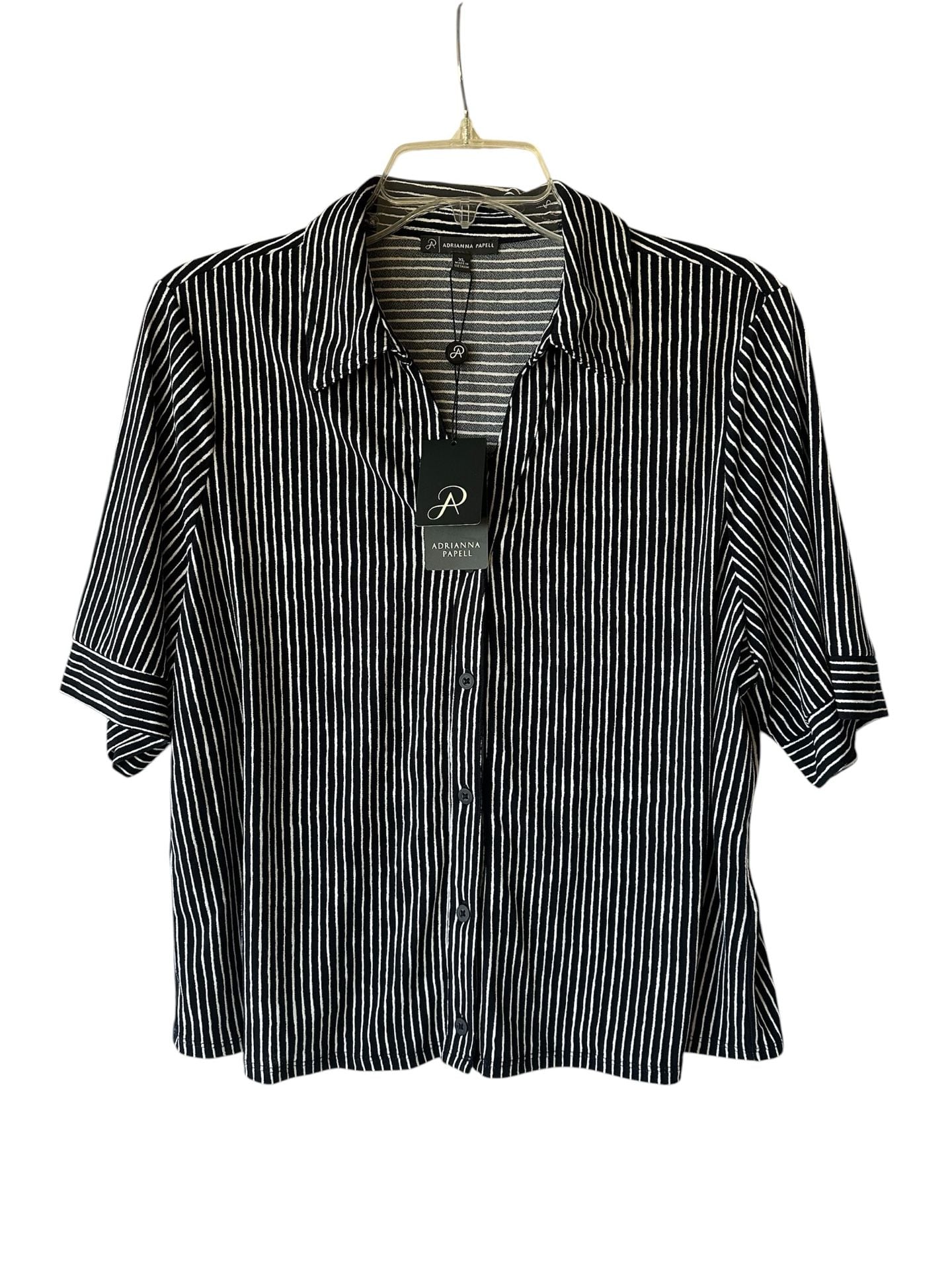 Adrianna Papell Navy Blue White Striped Cropped Button Front Blouse NWT Size XL 4