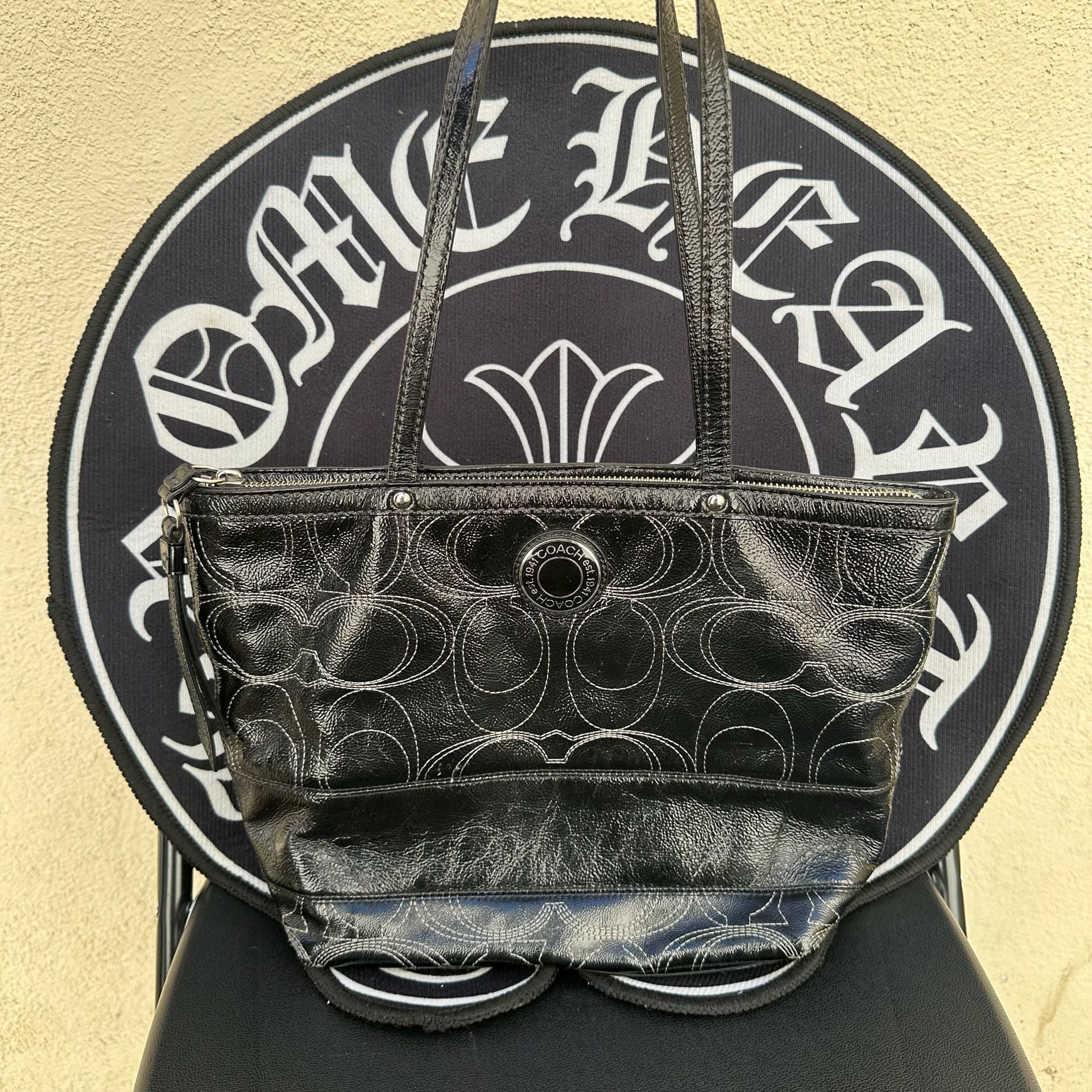 Coach Gallery Stitched Signature Patent Leather Tote Bag Black 2