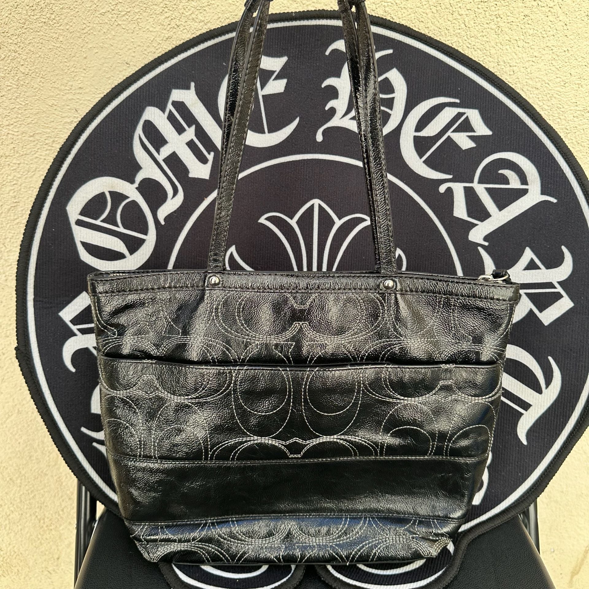 Coach Gallery Stitched Signature Patent Leather Tote Bag Black 3