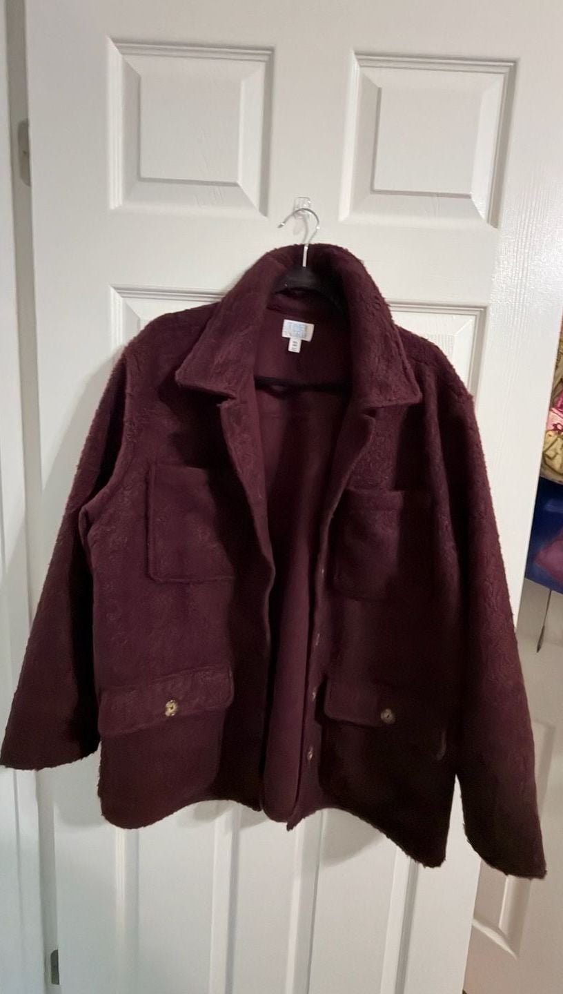 Time And Tru Boucle Utility Shacket Size XXL Burgundy 2