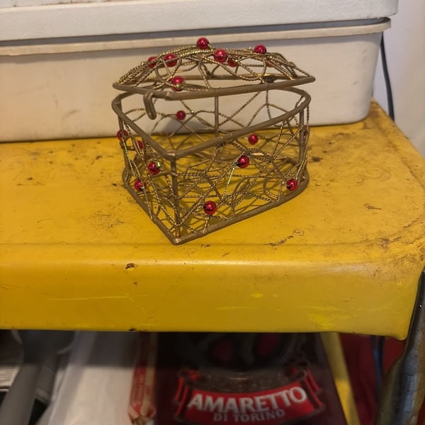 Gold Tone Wire Heart Trinket Box with Red Beads and Hinged Lid