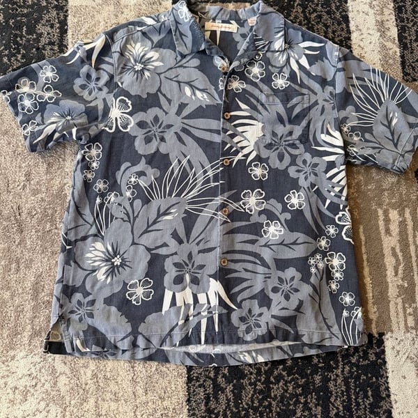 Tommy Bahama Silk Hawaiian Shirt XL Gray Floral Button Up
