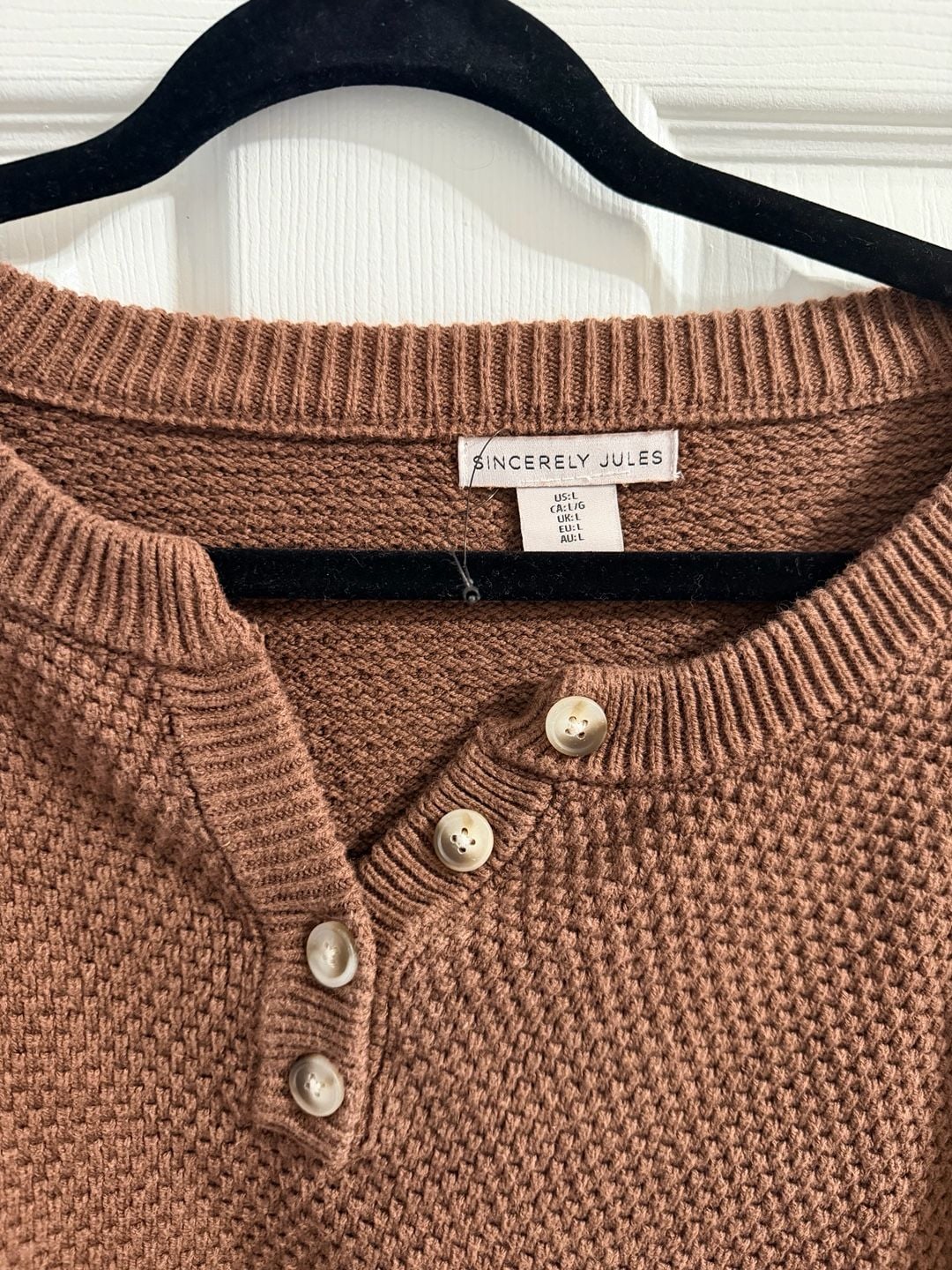 Sincerely Jules Henley Sweater Size L Brown Knit Pullover 3