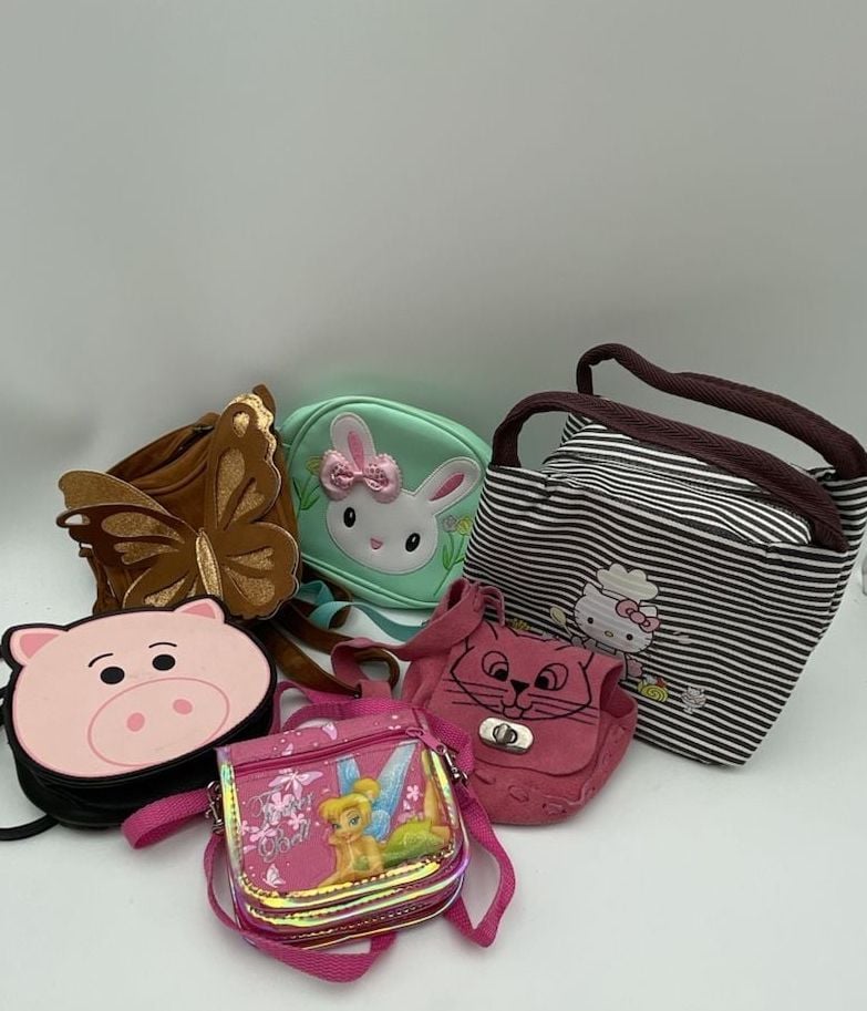 6 piece bundle. Four adorable little girl Crossbody Purses, tinker bell wallet and hello kitty lunch bag 1