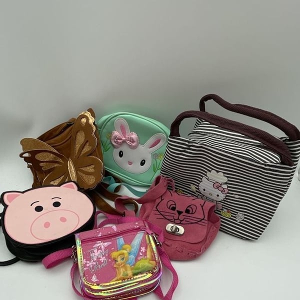 6 piece bundle. Four adorable little girl Crossbody Purses, tinker bell wallet and hello kitty lunch bag 