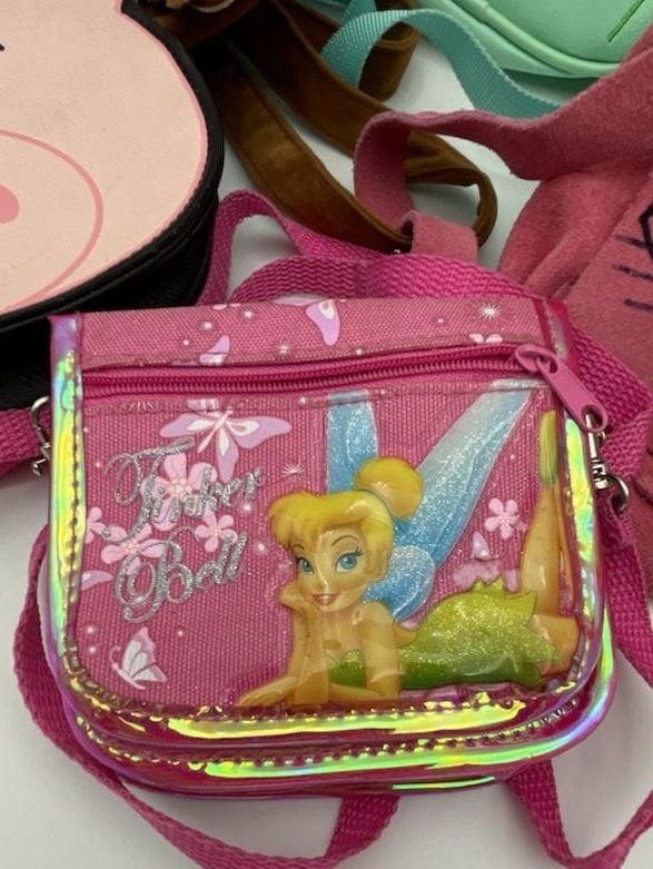 6 piece bundle. Four adorable little girl Crossbody Purses, tinker bell wallet and hello kitty lunch bag 2