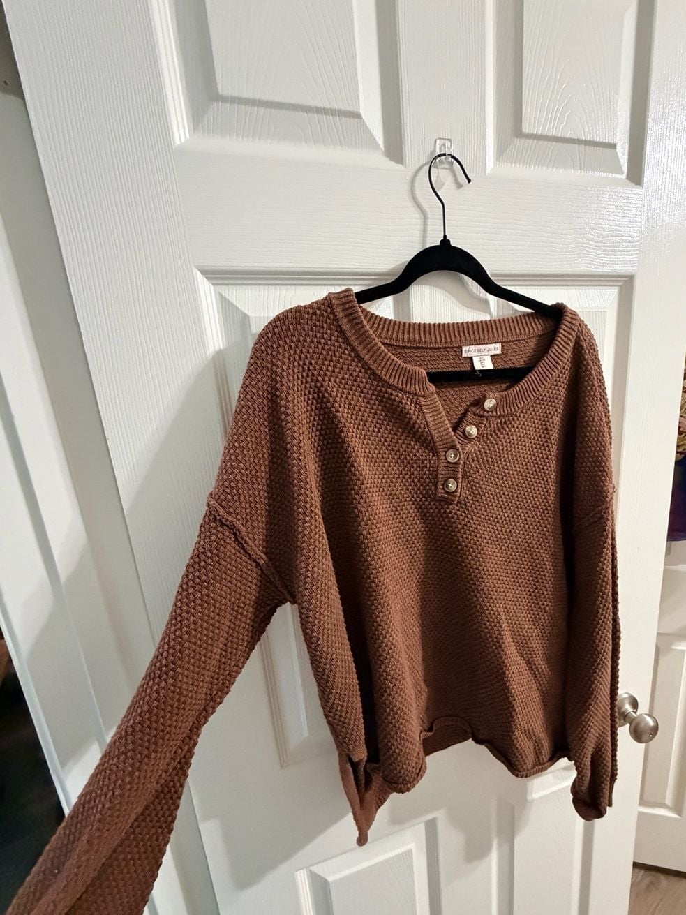 Sincerely Jules Henley Sweater Size L Brown Knit Pullover 2