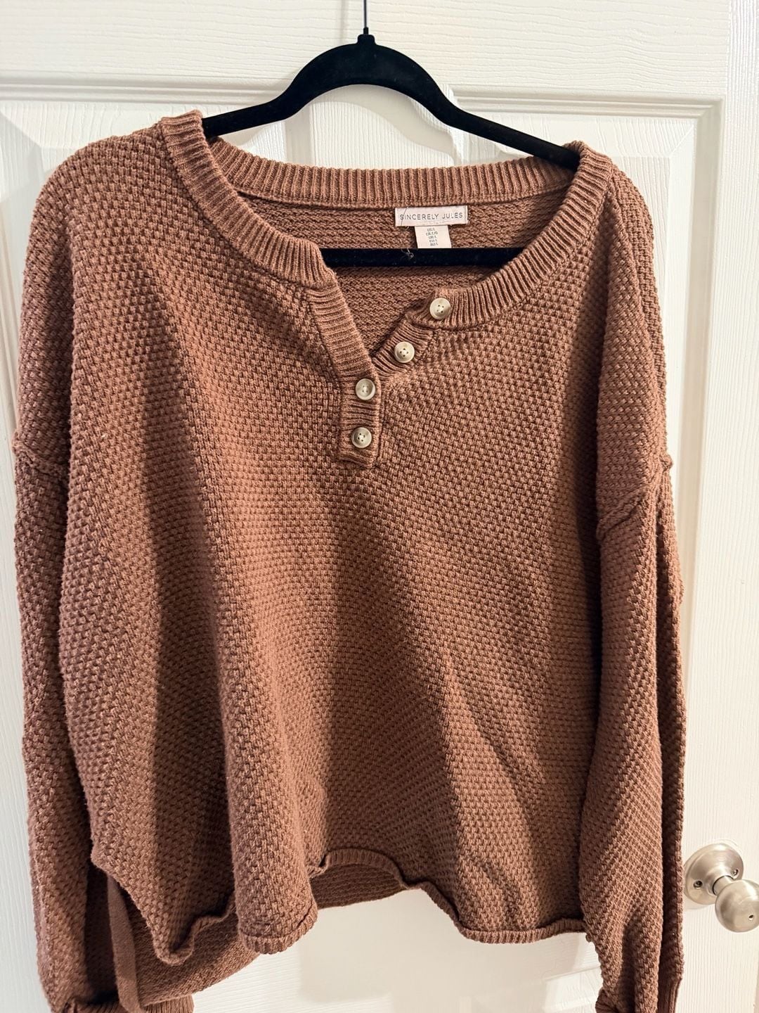 Sincerely Jules Henley Sweater Size L Brown Knit Pullover 4