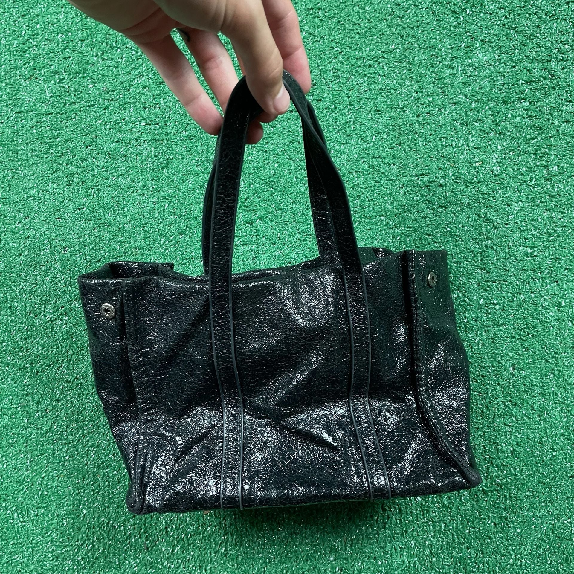 Unbranded Black Glossy Crackled Faux Leather Tote Handbag 2
