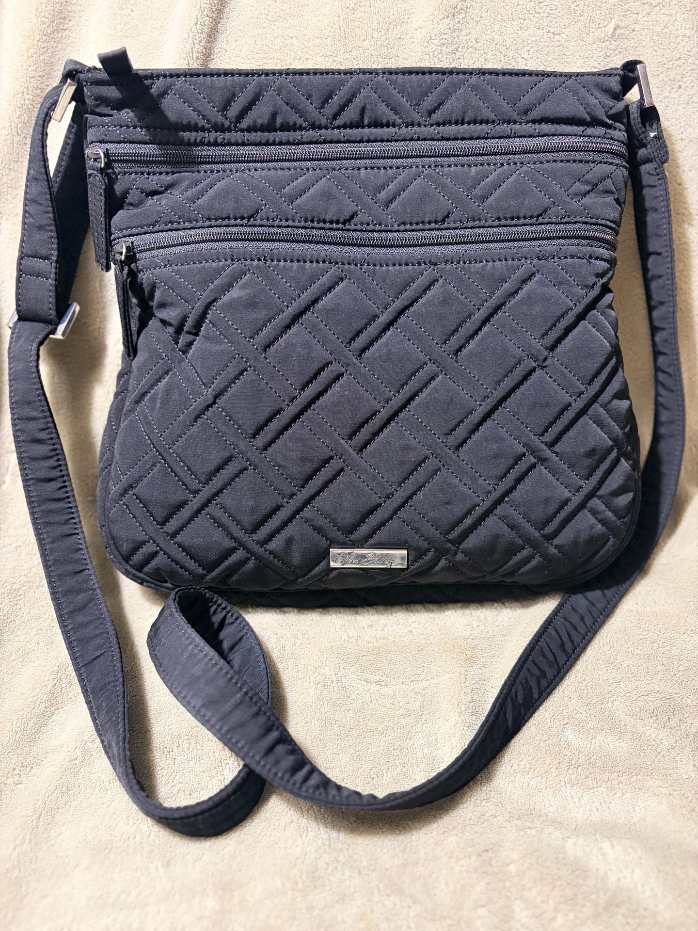 Solid Black Vera Bradley Triple Zip Hipster Bag Tote Purse Microfiber 2