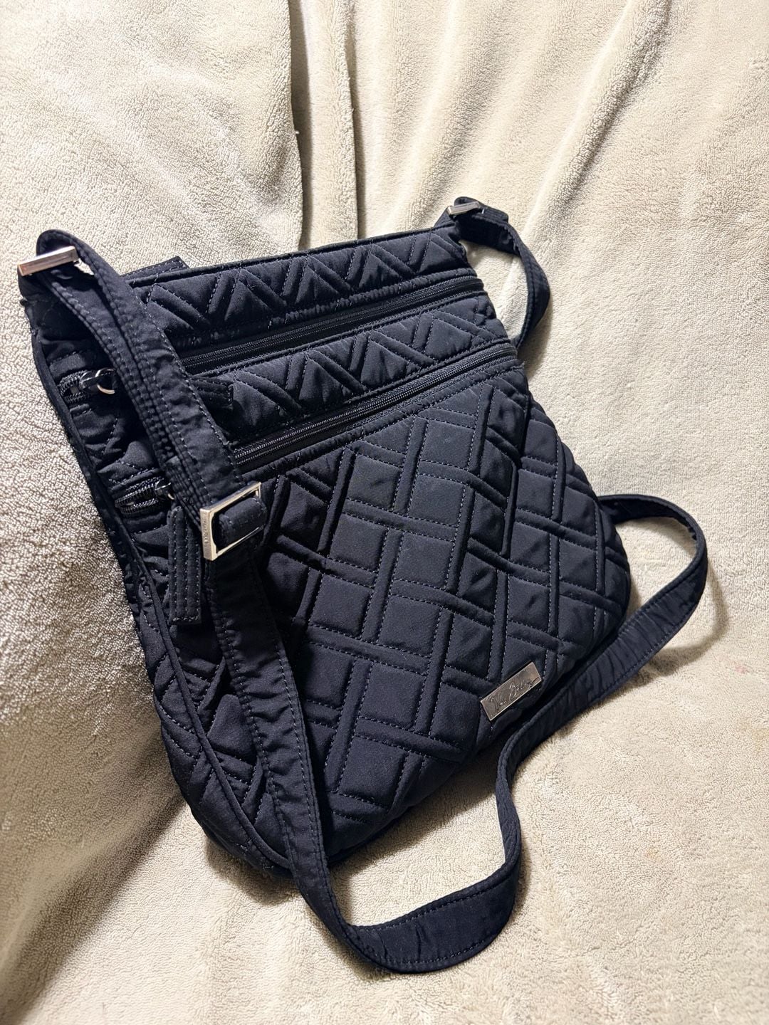 Solid Black Vera Bradley Triple Zip Hipster Bag Tote Purse Microfiber 4