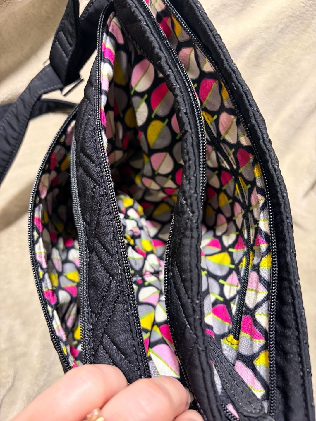 Solid Black Vera Bradley Triple Zip Hipster Bag Tote Purse Microfiber 7
