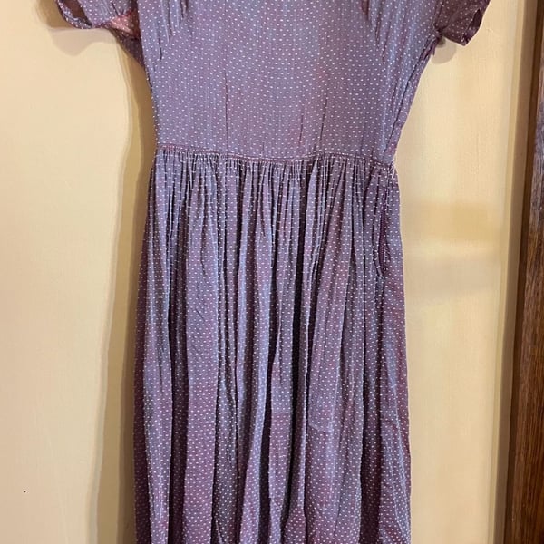 Vintage 1920s Purple Polka Dot Cotton Dress with Short Sleeves and Pleated Skirt