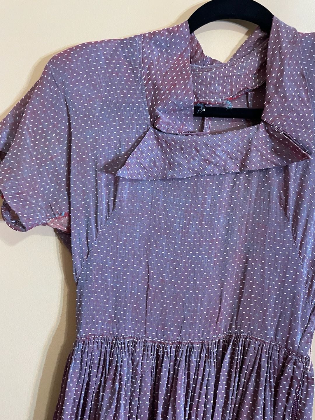 Vintage 1920s Purple Polka Dot Cotton Dress with Short Sleeves and Pleated Skirt 3